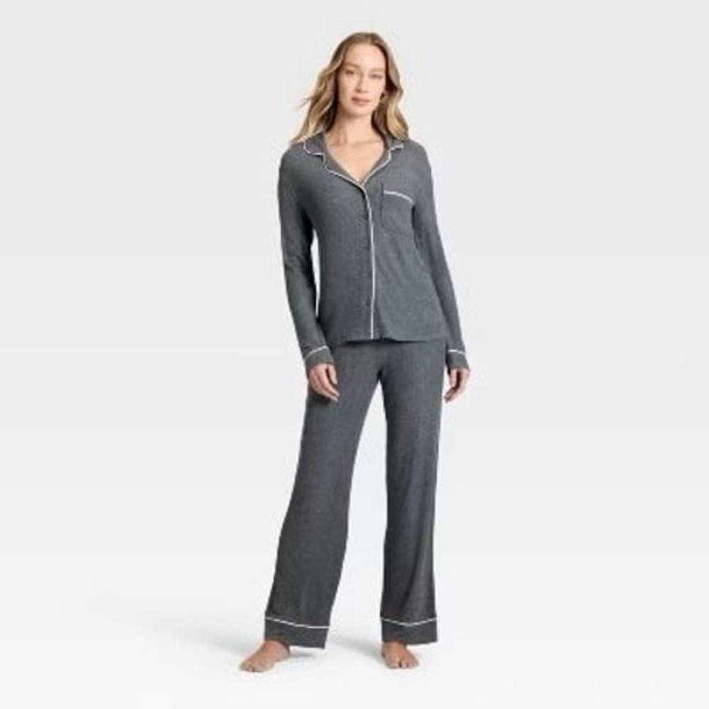 Auden Cozy Ribbed Notch Collar Long Sleeve & Pants Pajama Set Gray Women's‎ XS